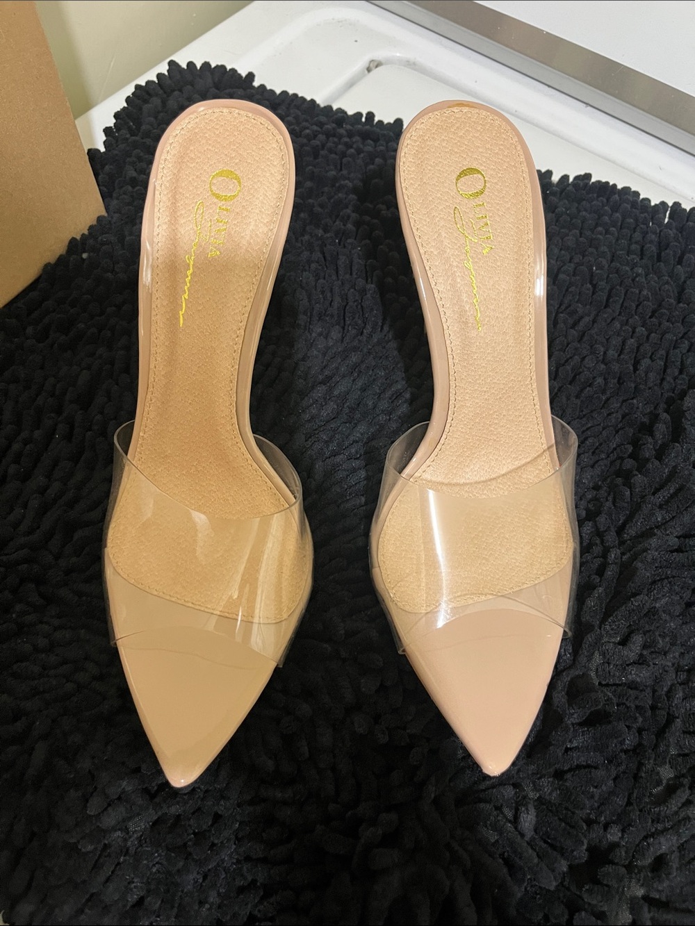 Nude Pointed-Toe Clear Strap Mules